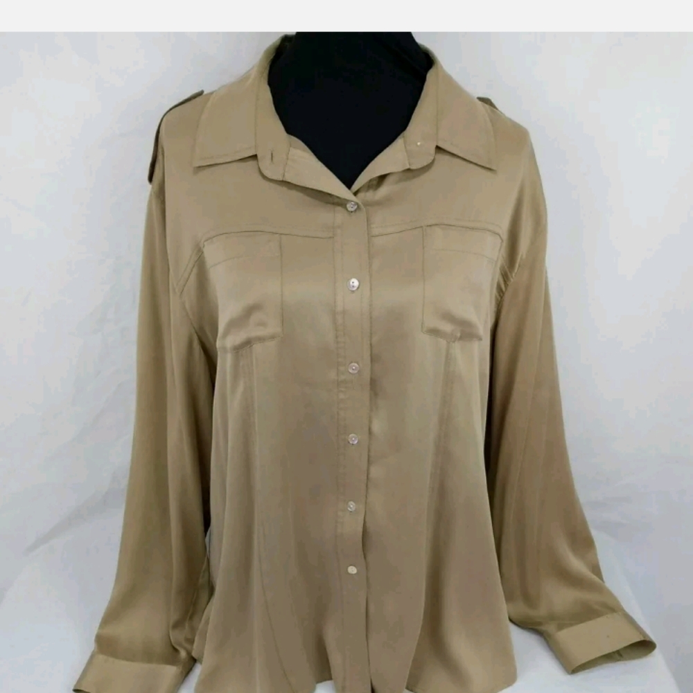 Chico's Platinum Silk Blouse Top Shirt Beige Tan Women's Size 3 US L 16